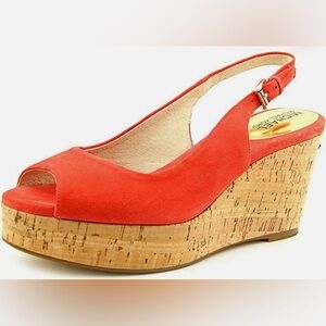 Michael Kors Natalia Cork Wedge Slingback Sandals Watermelon Red Suede 10M